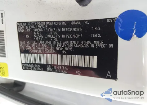 2015 Toyota Sienna Le 8 Passenger z USA, uszkodzony, nr VIN 5TDKK3DC1FS585864